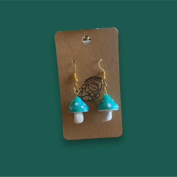 Handmade Cottagecore Mushroom Earrings in Green - Seafoam - Cute Dangle Style - Picture 5 of 5